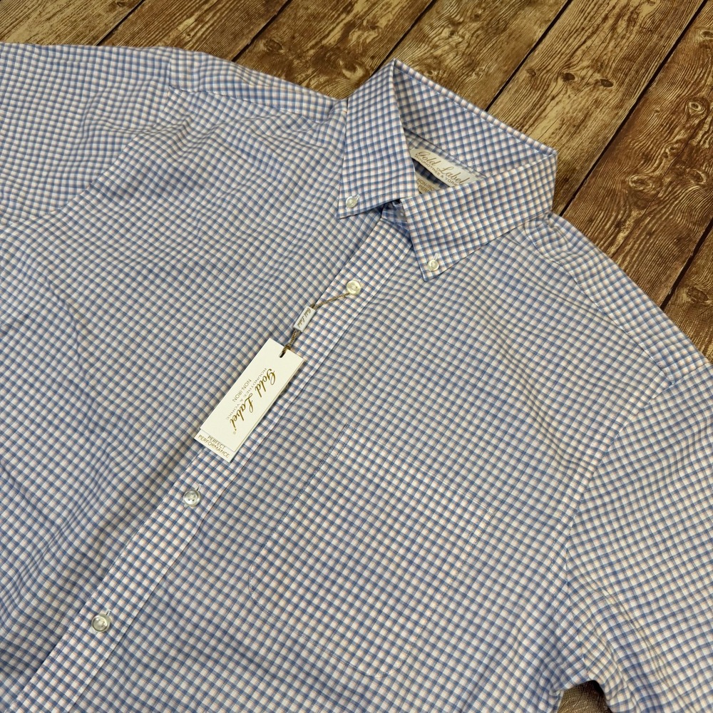 Roundtree Yorke Gold Label Button Up Mens Medium Blue Gingham Non Iron Shirt